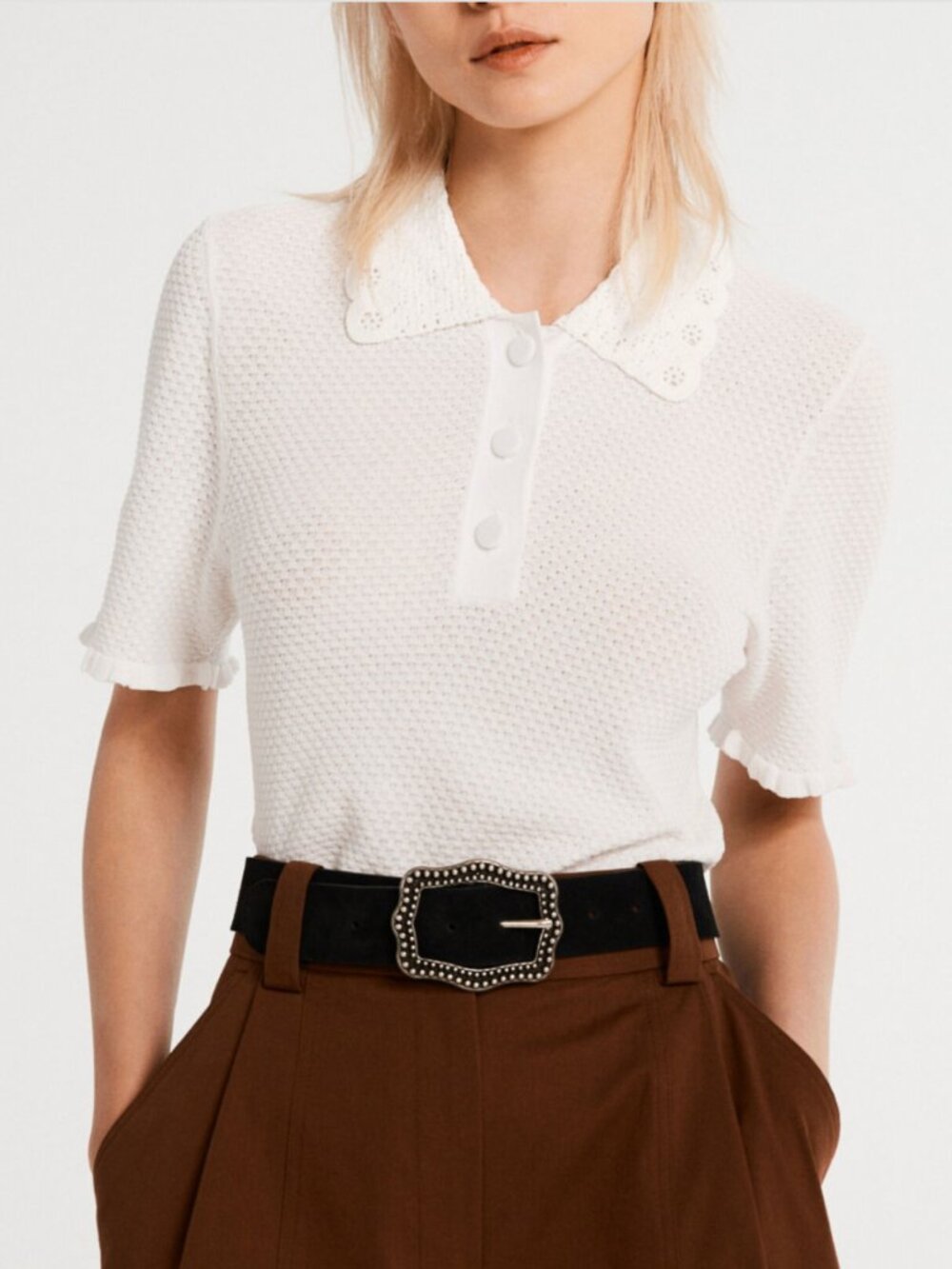 CLAUDIE PIERLOT Crochet Polo Shirt in Chalk